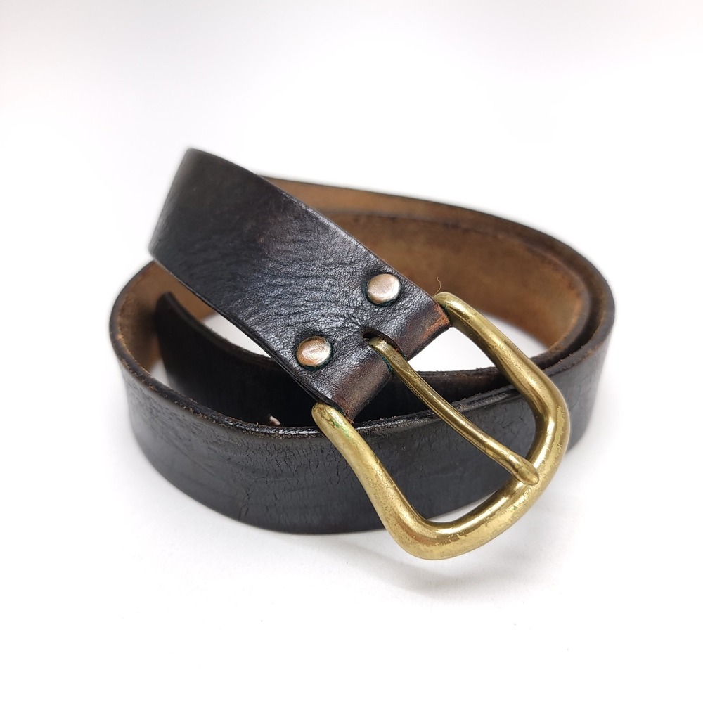 Leegin Belt 33-37 Full Grain‎ Leather Tooled Dark Brown Distressed Solid Brass